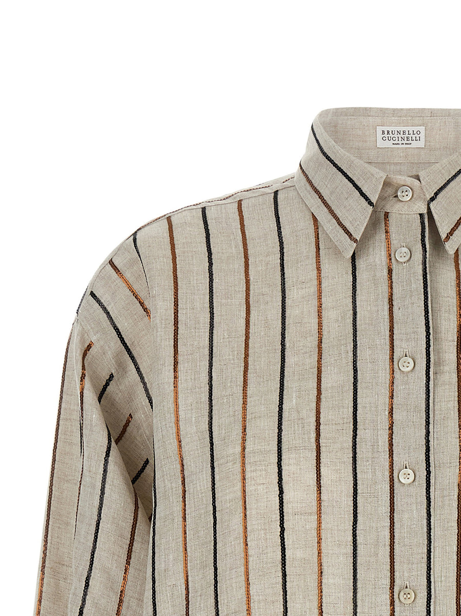 Brunello Cucinelli Beige Sparkling Stripes Linen Shirt For Women