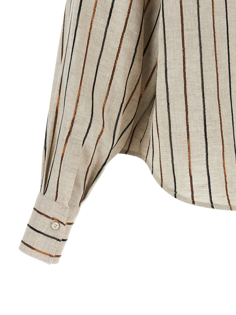 Brunello Cucinelli Beige Sparkling Stripes Linen Shirt For Women
