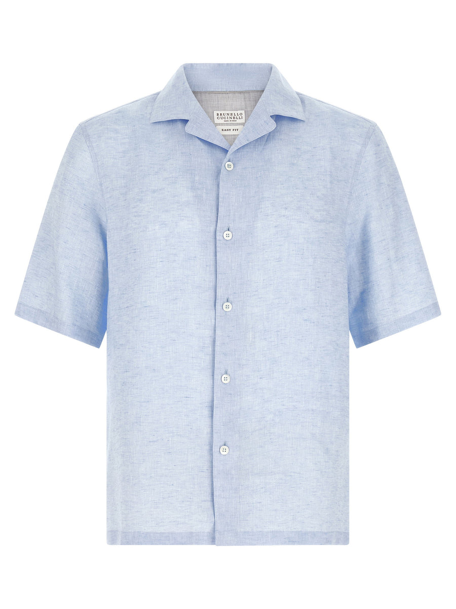Brunello Cucinelli Light Blue Linen Camp Collar Shirt Pearl Buttons
