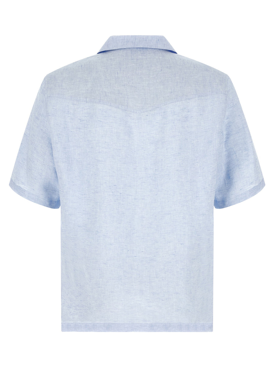 Brunello Cucinelli Light Blue Linen Camp Collar Shirt Pearl Buttons