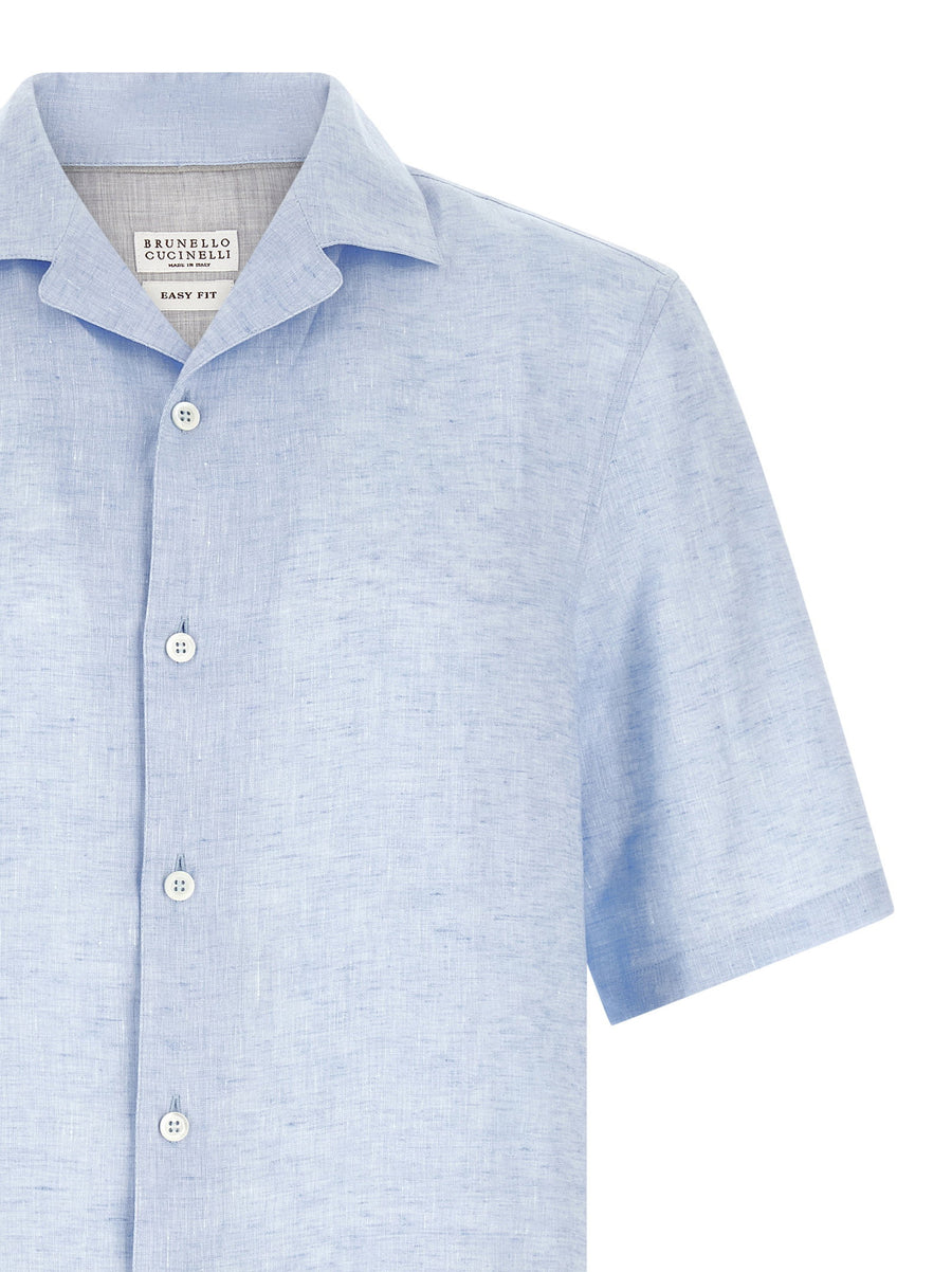 Brunello Cucinelli Light Blue Linen Camp Collar Shirt Pearl Buttons