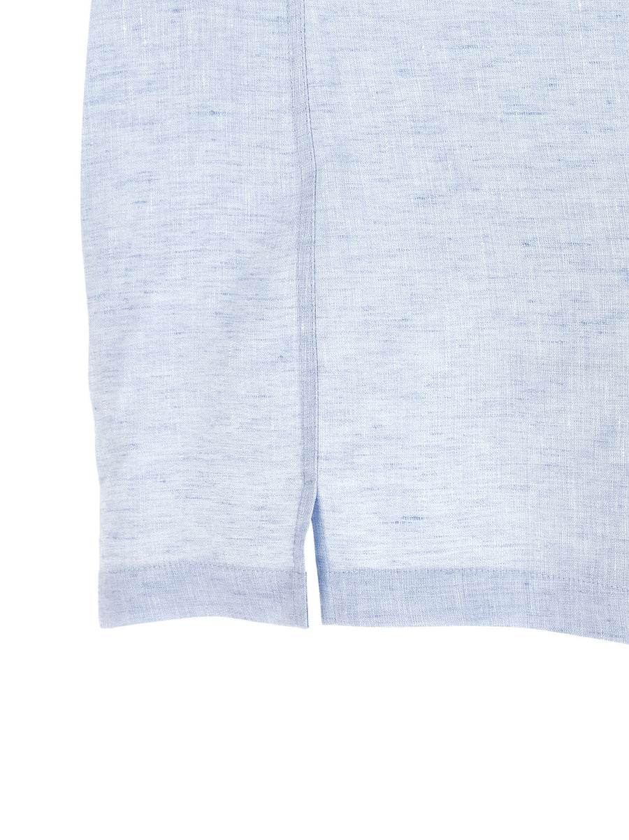 Brunello Cucinelli Light Blue Linen Camp Collar Shirt Pearl Buttons