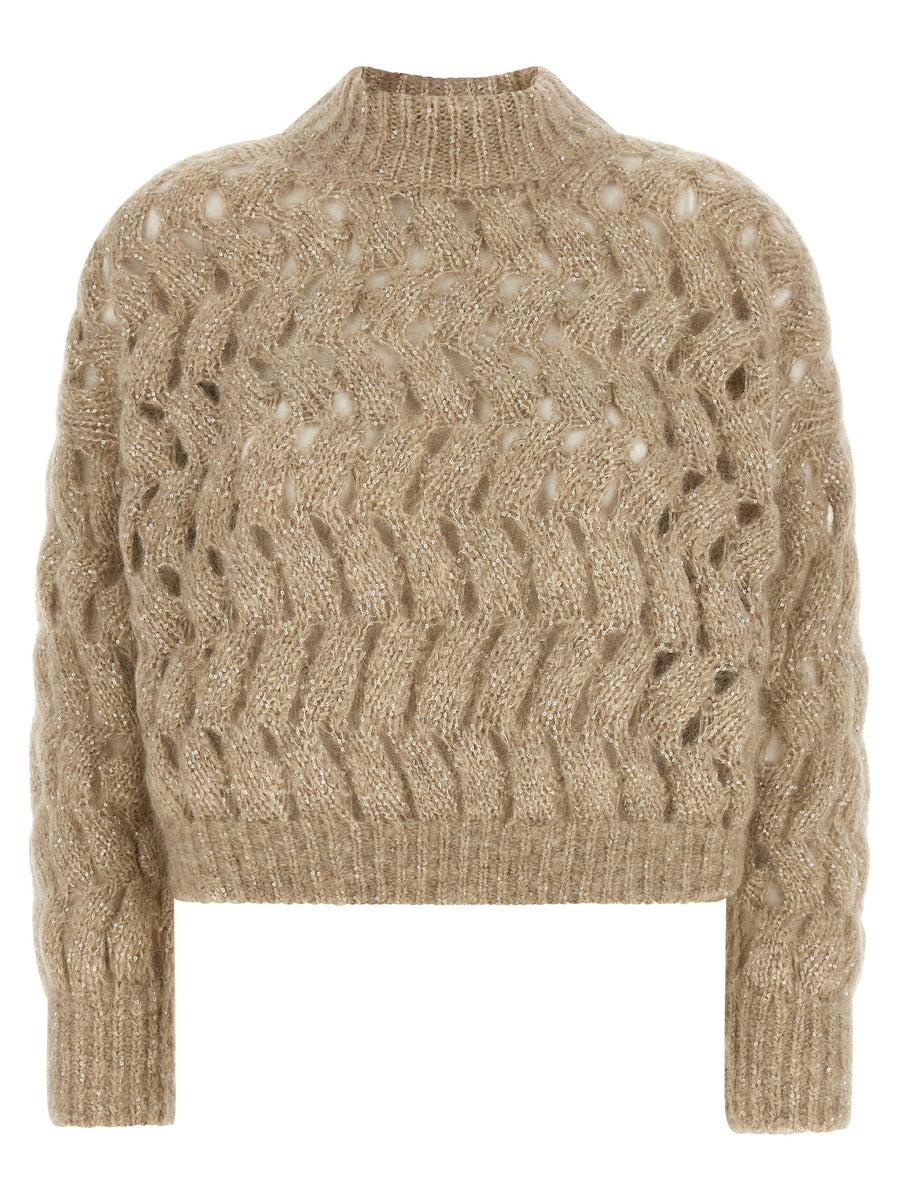 Brunello Cucinelli Dazzling Waves Turtleneck Knitwear Beige Mohair Wool Oversized