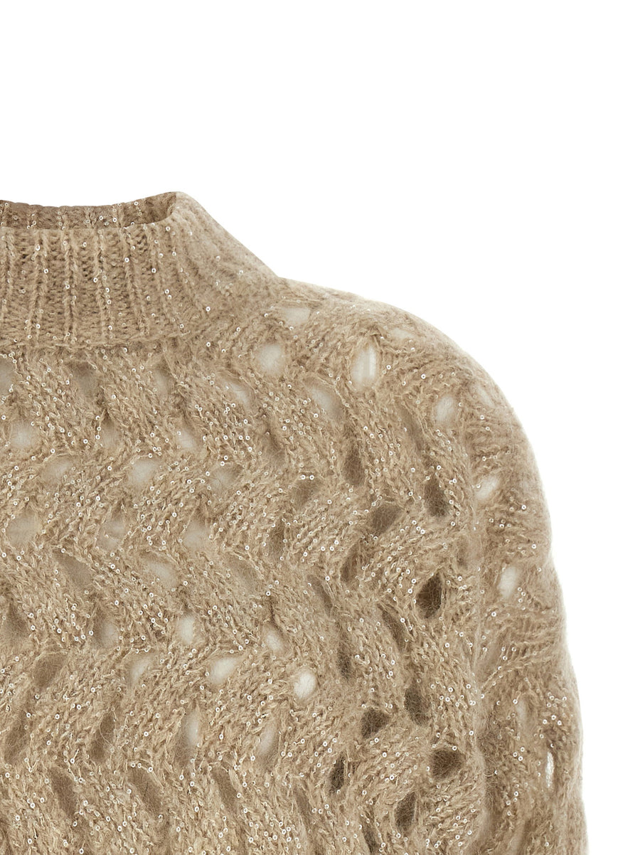 Brunello Cucinelli Dazzling Waves Turtleneck Knitwear Beige Mohair Wool Oversized