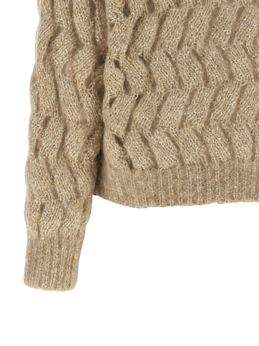 Brunello Cucinelli Dazzling Waves Turtleneck Knitwear Beige Mohair Wool Oversized