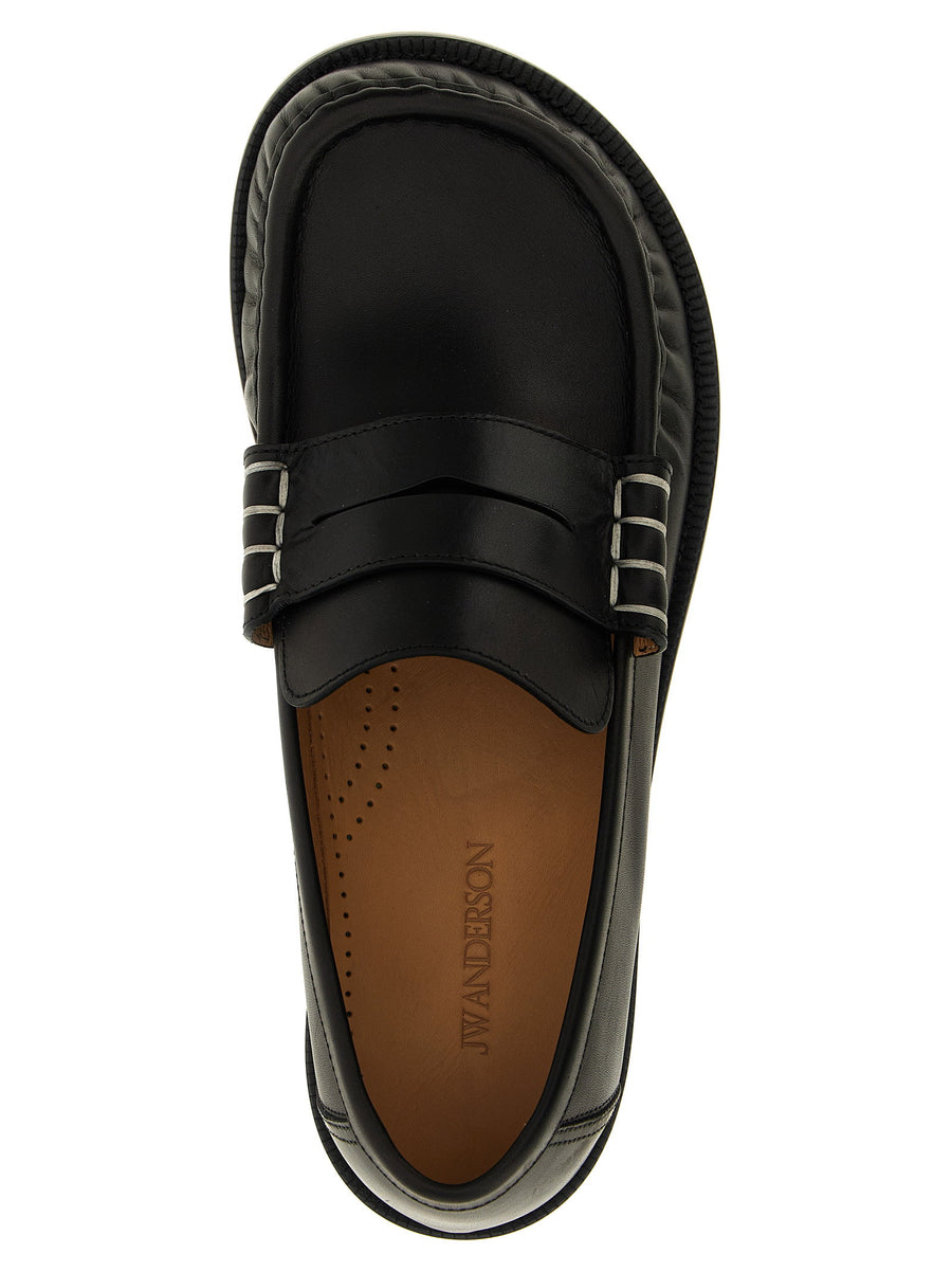 J.w.anderson Calfskin Leather Loafers For Men Black Moccasins With Contrast Stitching All Day Comfort Padded Insole