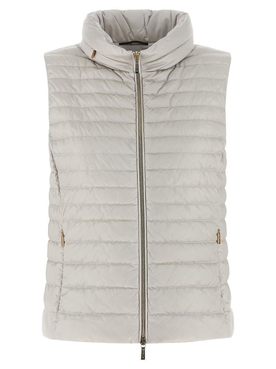 Moorer Villan Vest for Women Insulated Beige Quilted Vest with Goose Feather Padding and Removable Hood