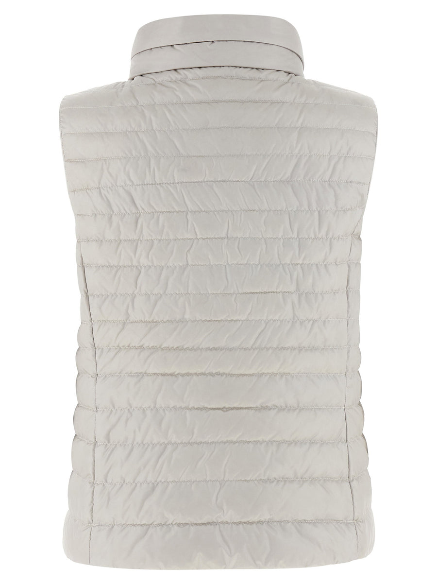 Moorer Villan Vest for Women Insulated Beige Quilted Vest with Goose Feather Padding and Removable Hood