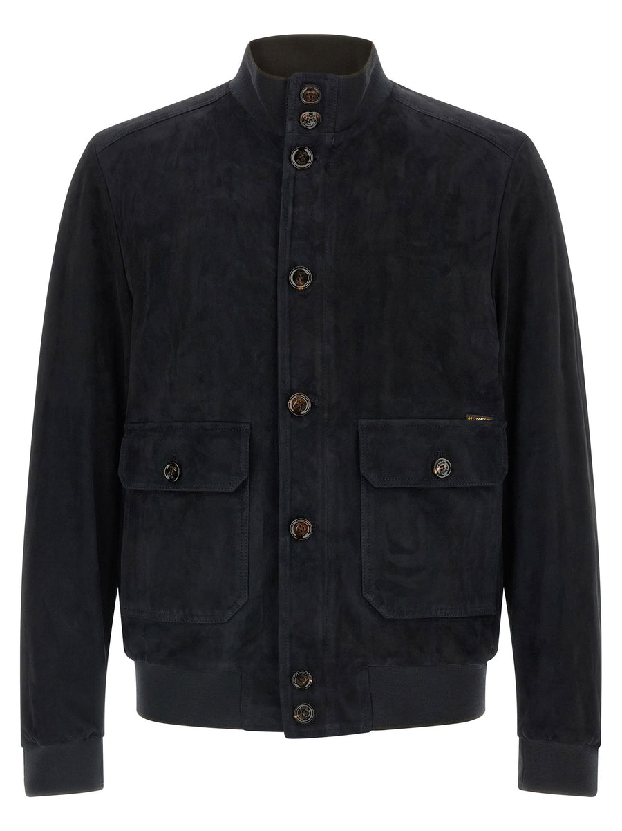 Moorer Carlos Bomber Jacket Blue Lamb Leather for Men Front Zip High Neck Luxury Craftsmanship