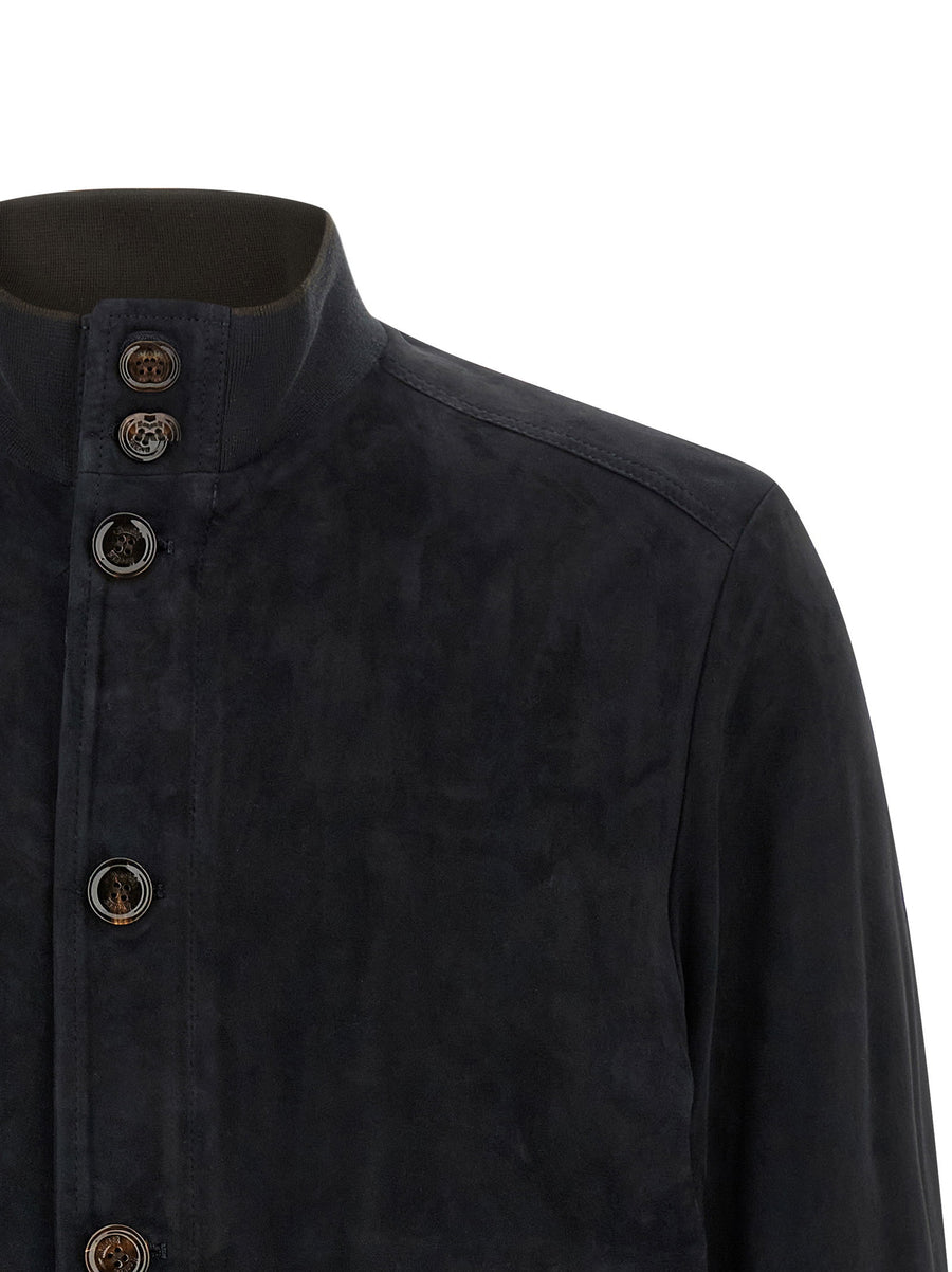 Moorer Carlos Bomber Jacket Blue Lamb Leather for Men Front Zip High Neck Luxury Craftsmanship