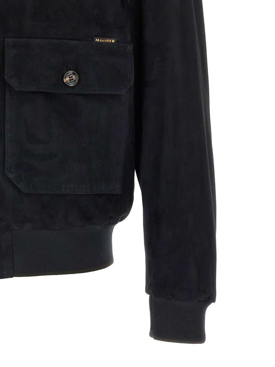 Moorer Carlos Bomber Jacket Blue Lamb Leather for Men Front Zip High Neck Luxury Craftsmanship