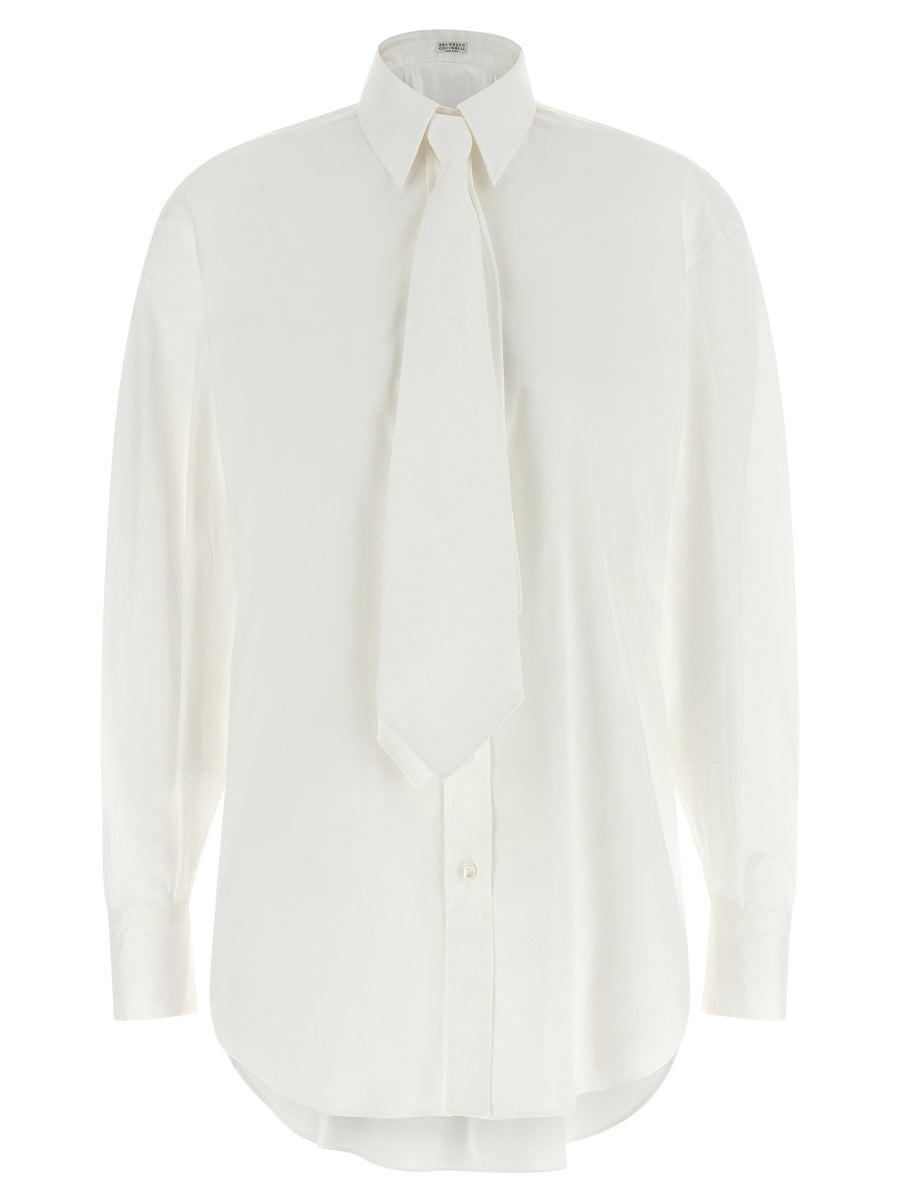 Brunello Cucinelli Shirt With Tie For Women Removable Tie Luxurious White Cotton Poplin