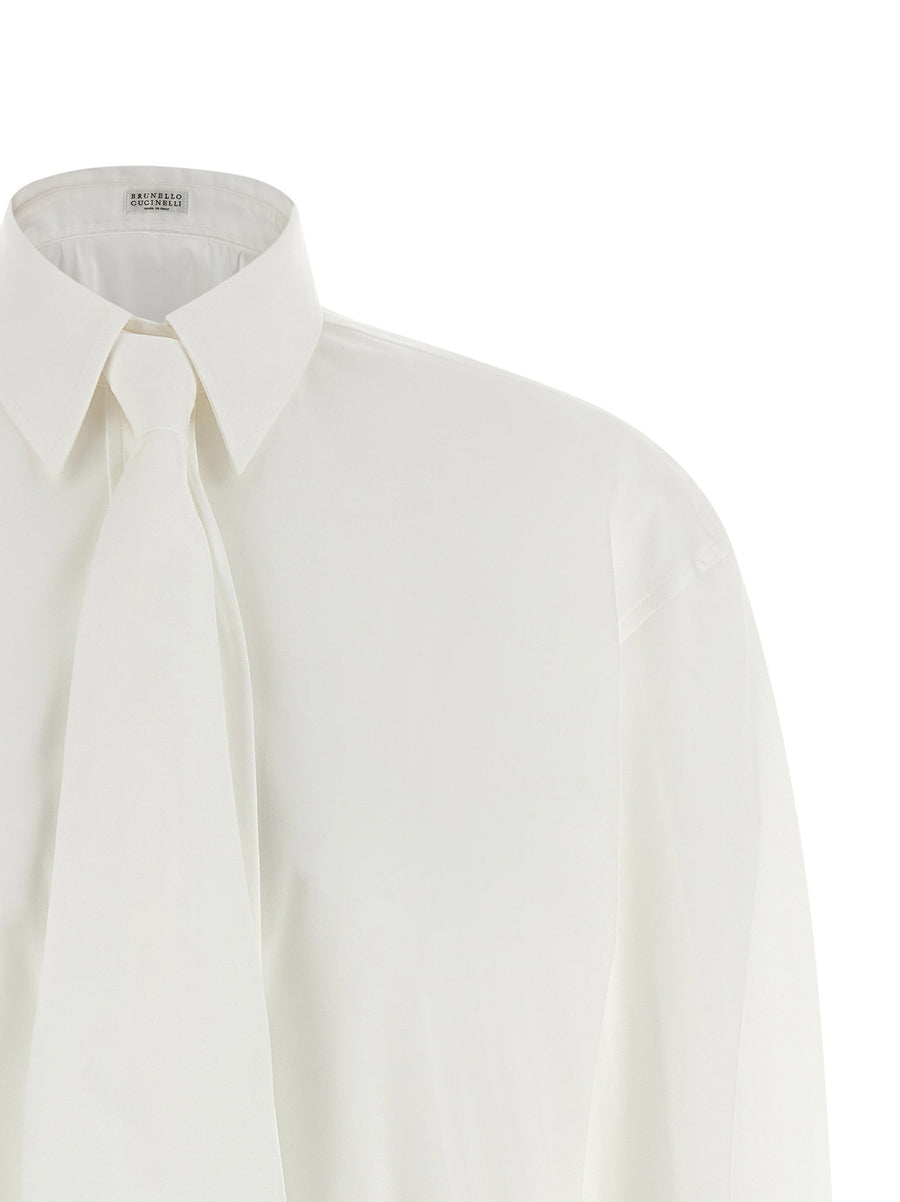 Brunello Cucinelli Shirt With Tie For Women Removable Tie Luxurious White Cotton Poplin