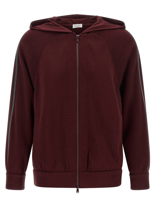 Brunello Cucinelli Hoodie For Women Silk Cotton Blend With Front Zip Monile Shoulder Bordeaux Color