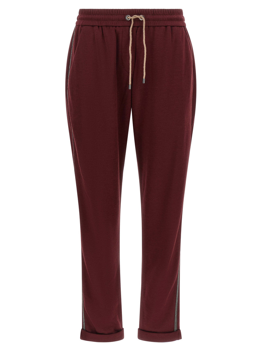 Brunello Cucinelli Track Joggers in Bordeaux Cotton Silk Blend