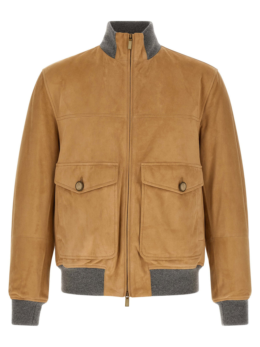 Brunello Cucinelli Padded Lamb Leather Bomber Jacket Beige