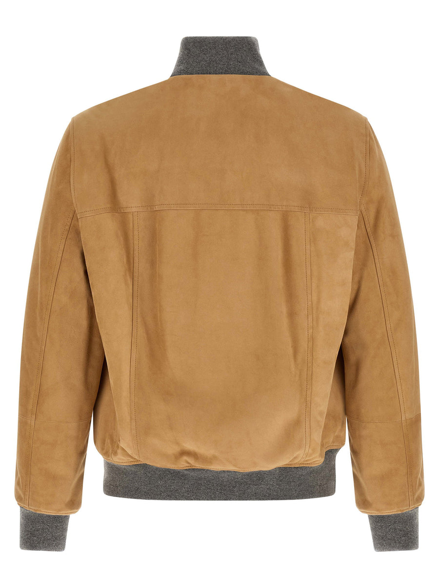 Brunello Cucinelli Padded Lamb Leather Bomber Jacket Beige