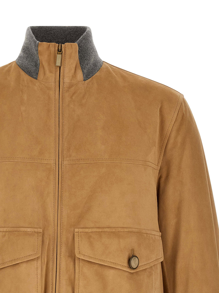 Brunello Cucinelli Padded Lamb Leather Bomber Jacket Beige