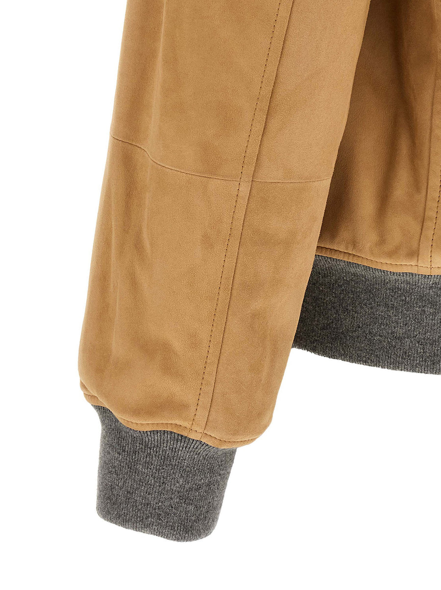 Brunello Cucinelli Padded Lamb Leather Bomber Jacket Beige