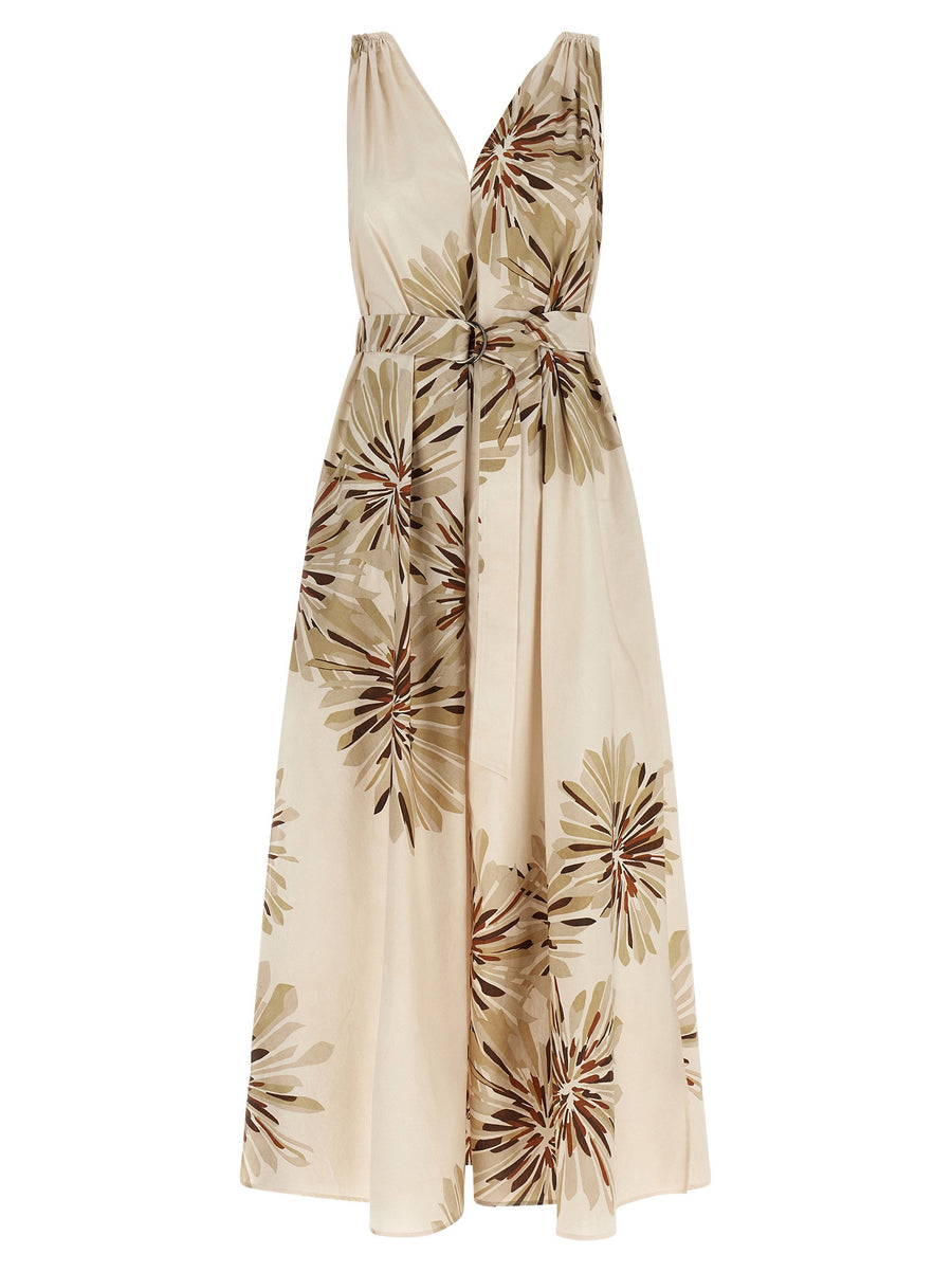 Brunello Cucinelli Bloom Print Midi Dress In Beige Cotton Poplin