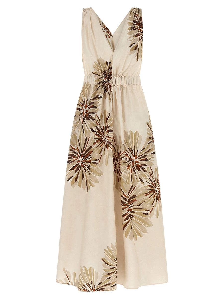 Brunello Cucinelli Bloom Print Midi Dress In Beige Cotton Poplin