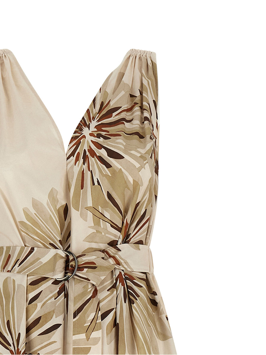 Brunello Cucinelli Bloom Print Midi Dress In Beige Cotton Poplin