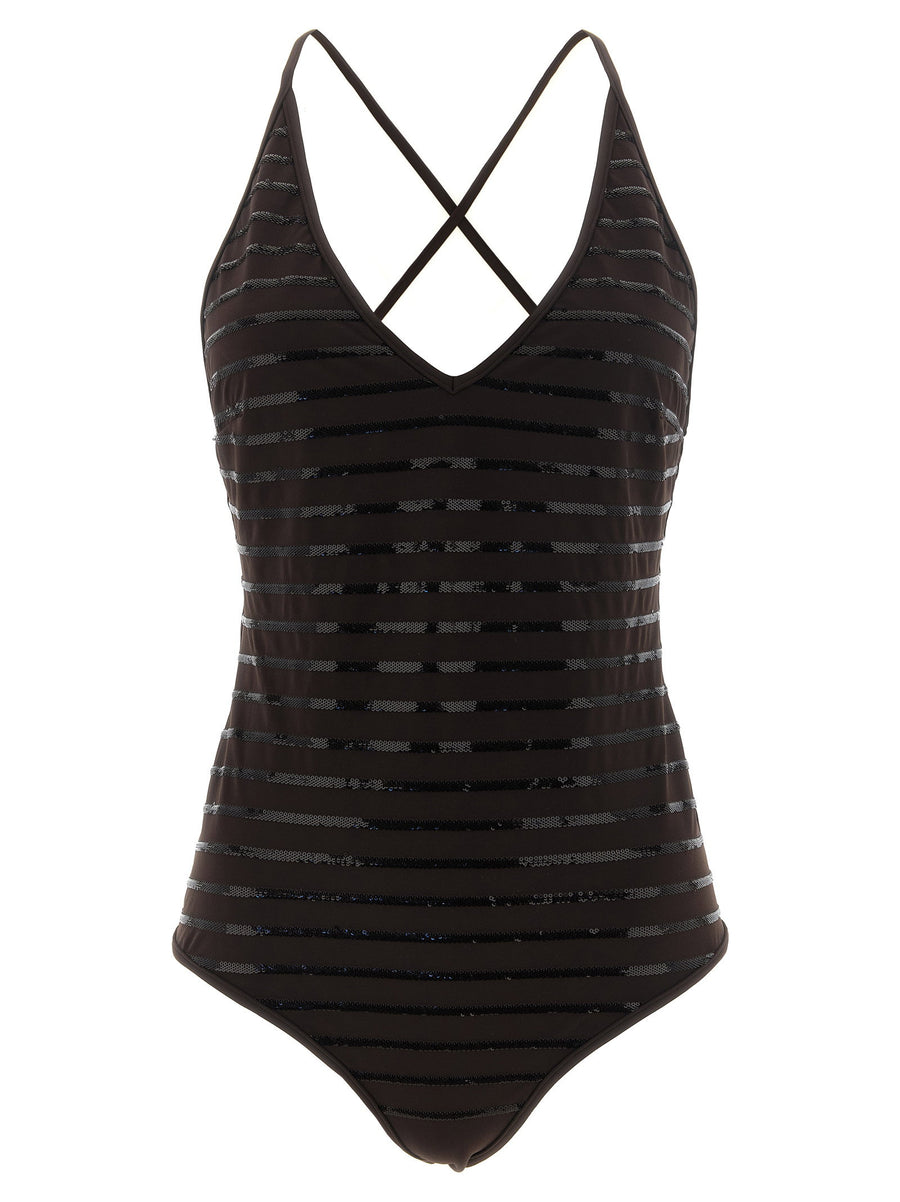 Brunello Cucinelli Dazzling Stripes Sequined One Piece Swimsuit Brown
