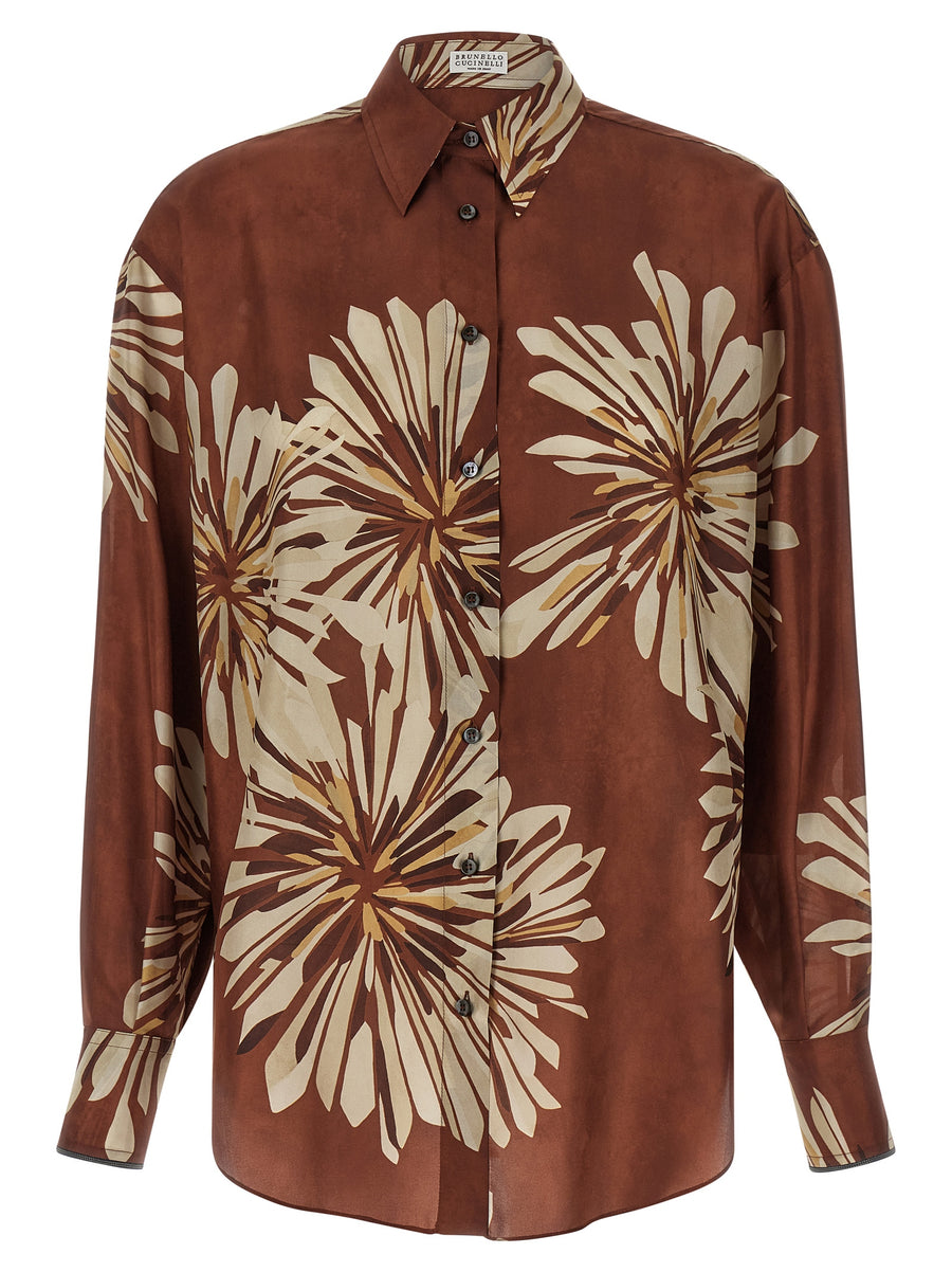 Brunello Cucinelli Silk Shirt Floral Pattern Front Button Luxury for Women Elegant Craftsmanship