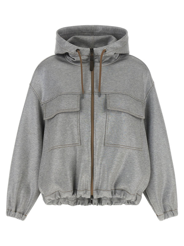 Brunello Cucinelli Shiny Zipper Pull Bomber Jacket