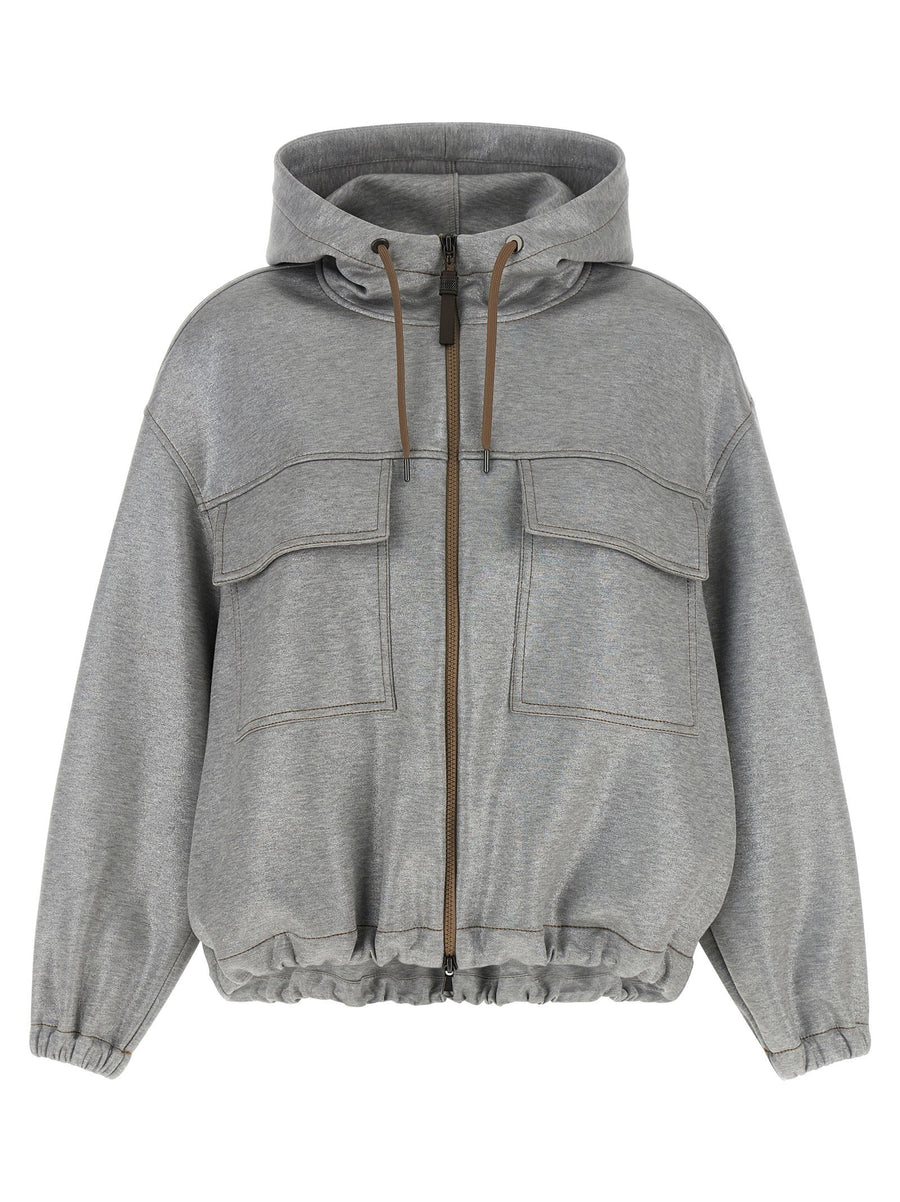 Brunello Cucinelli Shiny Zipper Pull Bomber Jacket