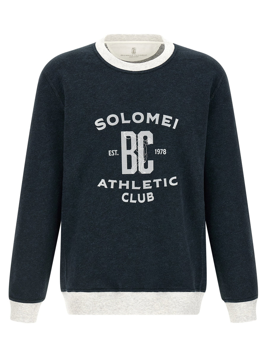 Brunello Cucinelli Cotton Linen Blend Sweatshirt For Men Blue With Brushed Fabric And Ribbed Knit Details