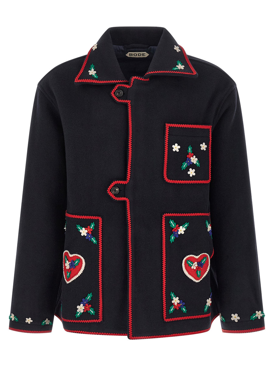 Bode Carroll Wool Jacket For Men With Artisanal Narrative Patch Detailing In Rich Blue