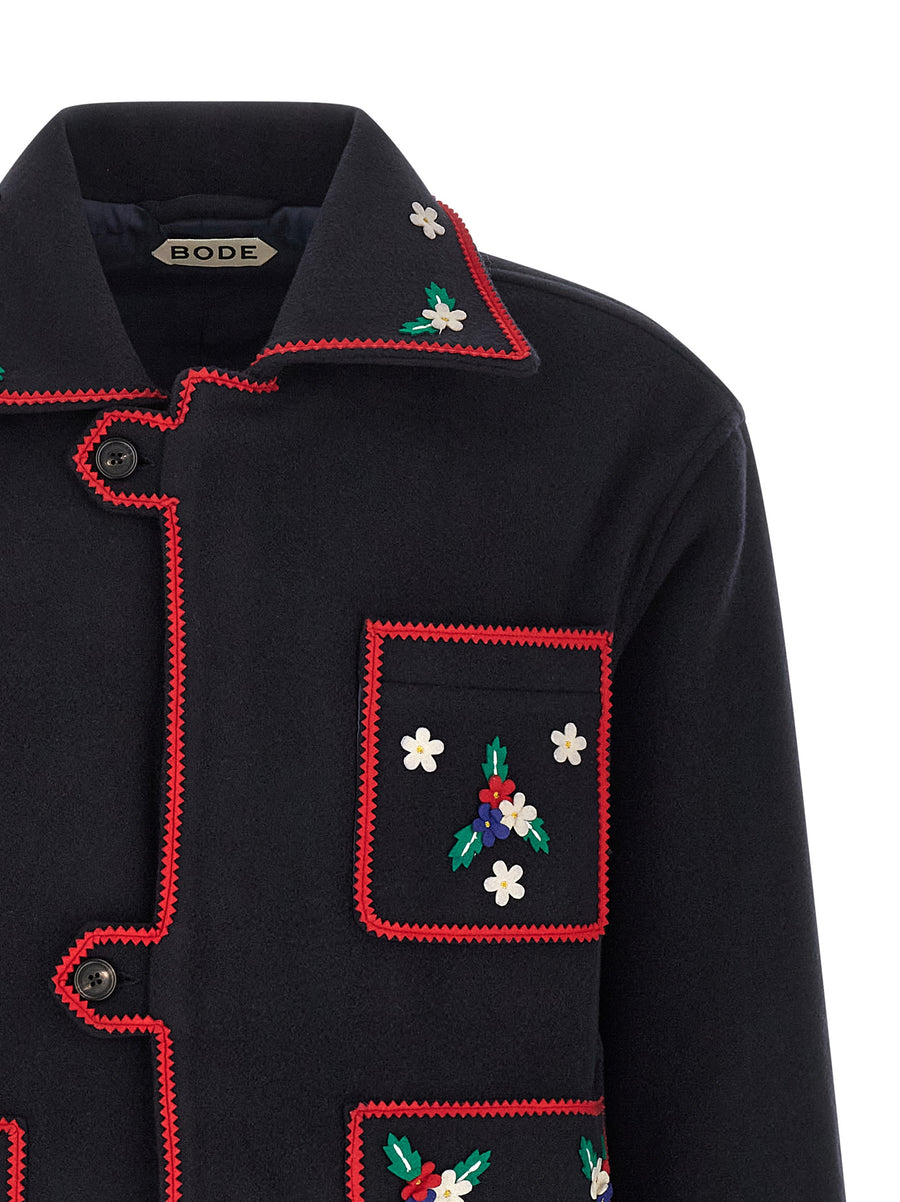 Bode Carroll Wool Jacket For Men With Artisanal Narrative Patch Detailing In Rich Blue