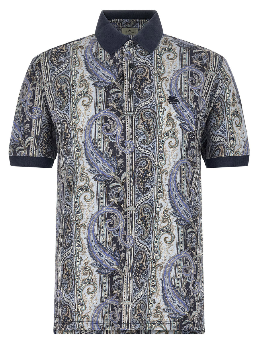 Etro Arnica Paisley Polo Shirt For Men Pure Cotton Piquet Contrasting Collar Pegaso Embroidery
