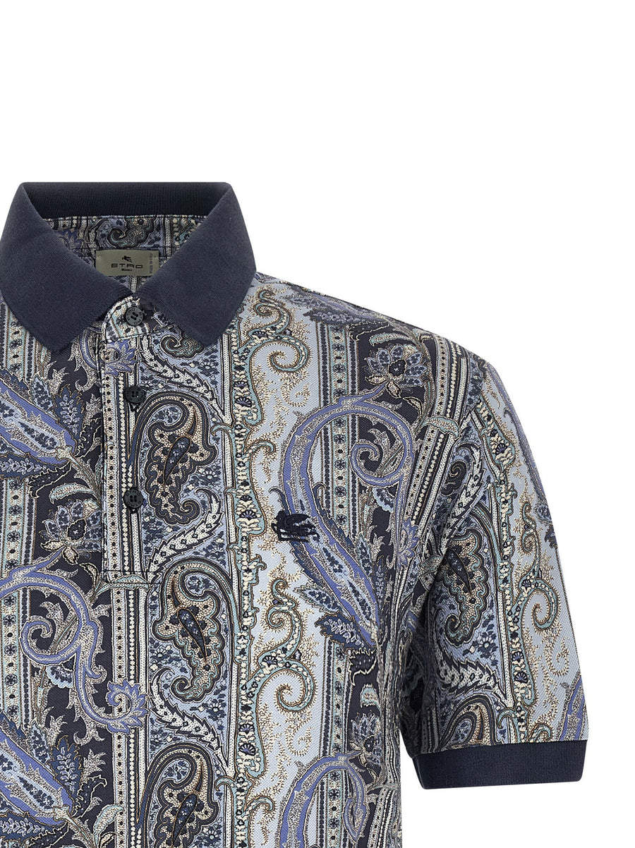 Etro Arnica Paisley Polo Shirt For Men Pure Cotton Piquet Contrasting Collar Pegaso Embroidery