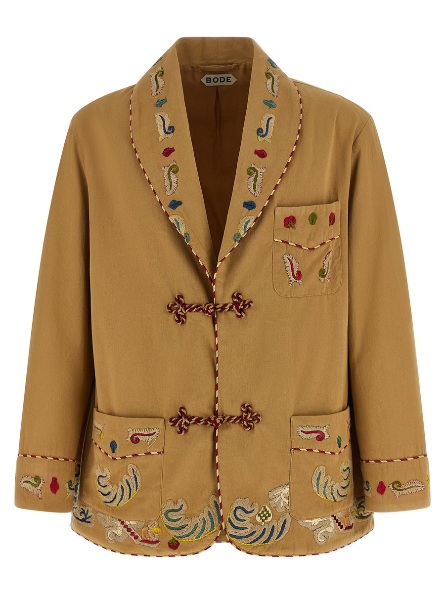 Bode Feather Runner Smoking Blazer Hand Embroidered Georgian Embroidery Motif On Beige Cotton Gabardine Luxury For Men