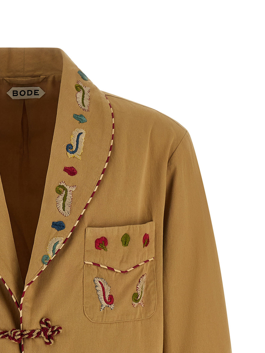 Bode Feather Runner Smoking Blazer Hand Embroidered Georgian Embroidery Motif On Beige Cotton Gabardine Luxury For Men