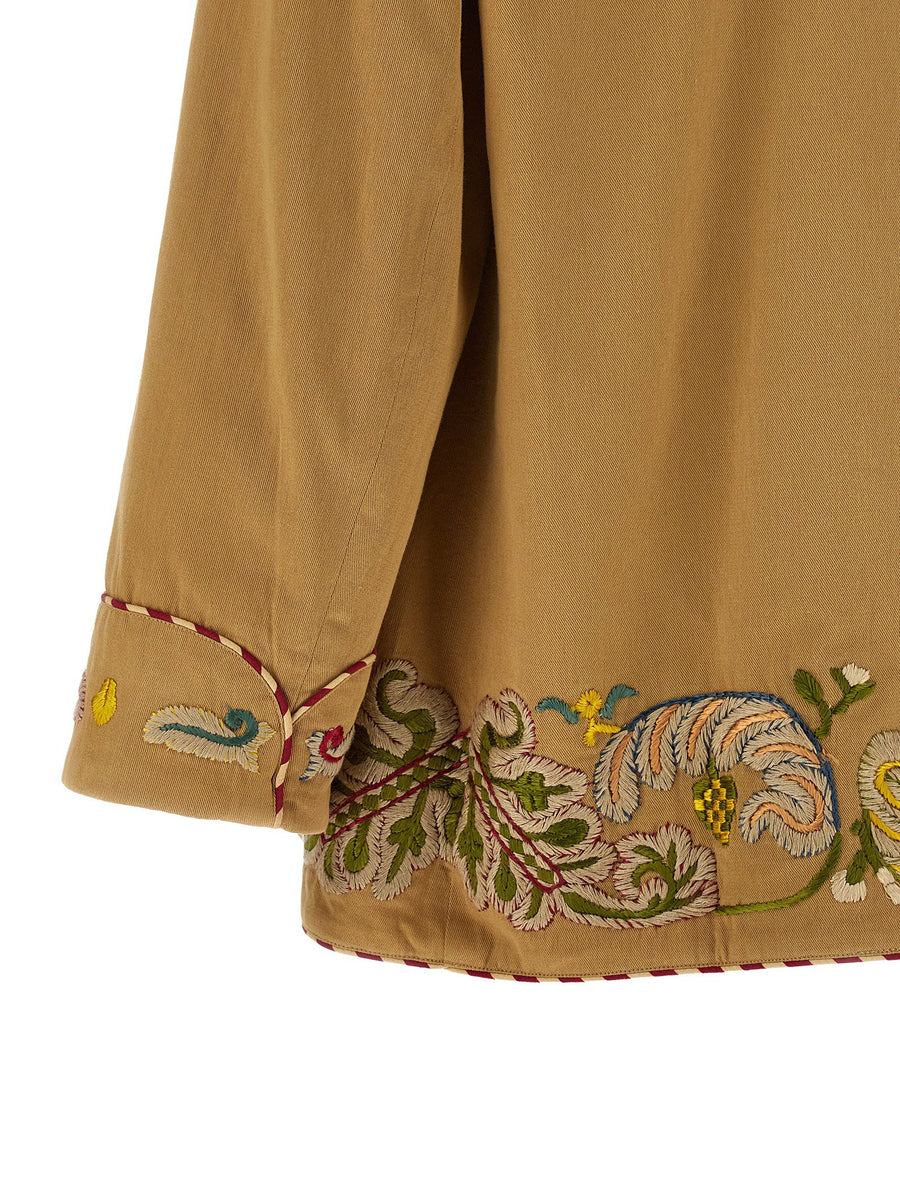 Bode Feather Runner Smoking Blazer Hand Embroidered Georgian Embroidery Motif On Beige Cotton Gabardine Luxury For Men