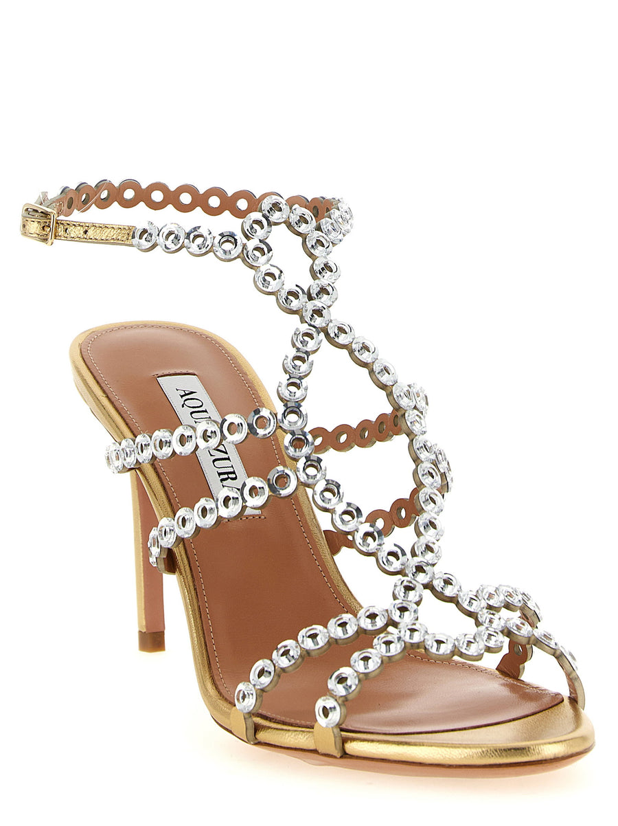Aquazzura Mooncrush Sandals Gold Laminated Leather With Crystal Chain Motif For Women Day To Night