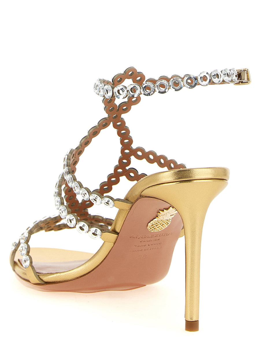 Aquazzura Mooncrush Sandals Gold Laminated Leather With Crystal Chain Motif For Women Day To Night