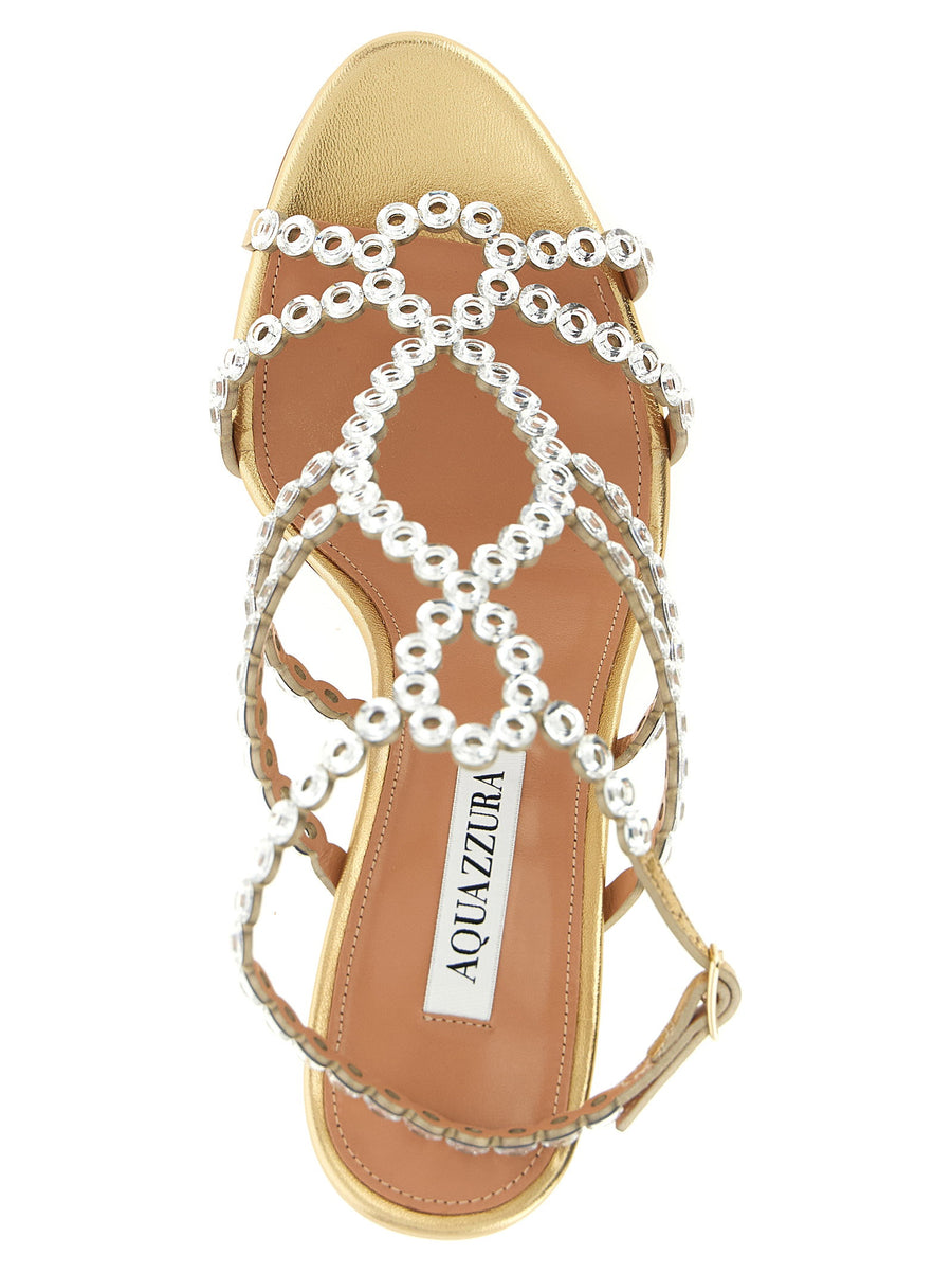 Aquazzura Mooncrush Sandals Gold Laminated Leather With Crystal Chain Motif For Women Day To Night