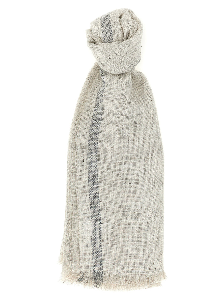 Brunello Cucinelli Linen Scarf Boucle Weave Gray For Men Fringed Edges Luxury Accessory