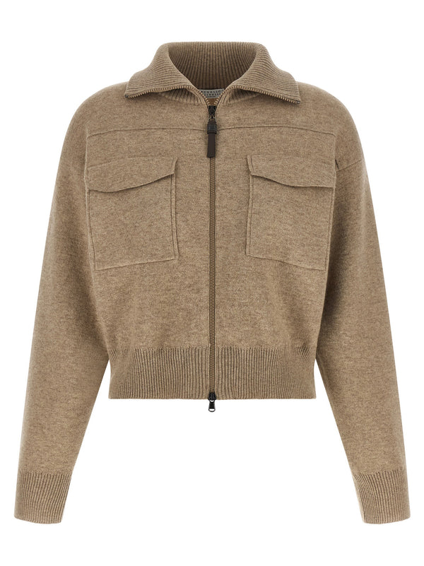 Brunello Cucinelli Cropped Wool Cardigan With High Neck And Shiny Zipper Pull Luxury For Women