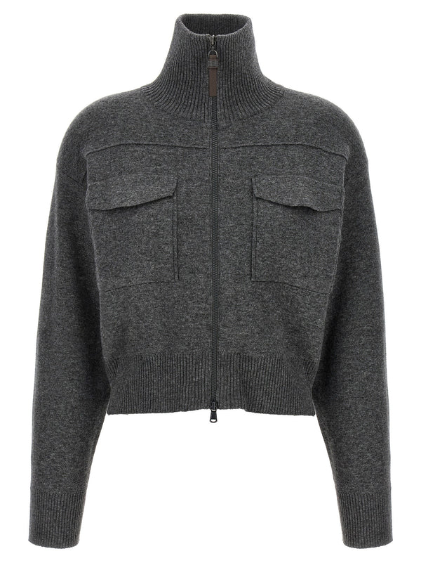 Brunello Cucinelli Gray Luxury Cropped Wool Cardigan With Shiny Zipper Pull For Women