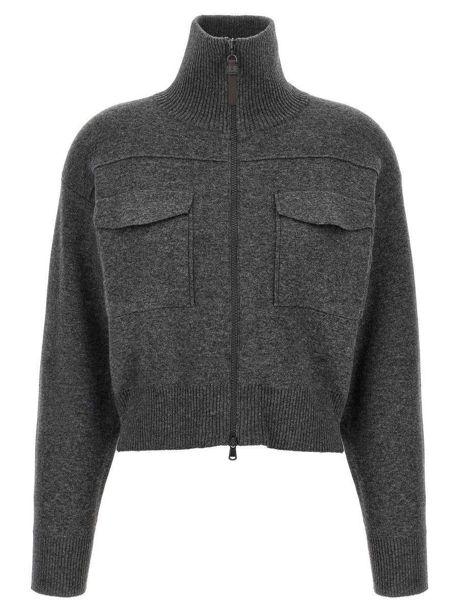 Brunello Cucinelli Shiny Zipper Pull Wool Cardigan