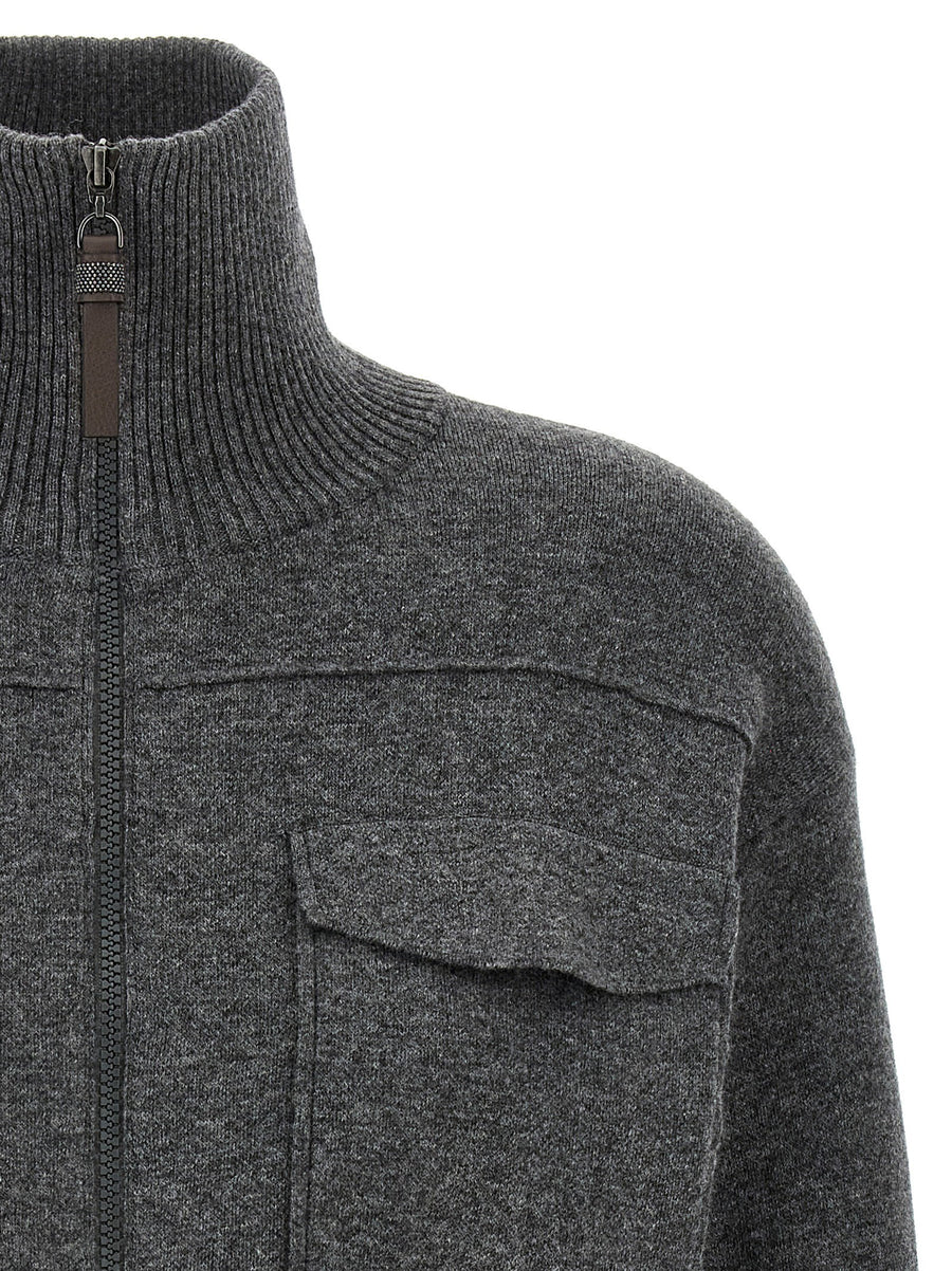 Brunello Cucinelli Shiny Zipper Pull Wool Cardigan