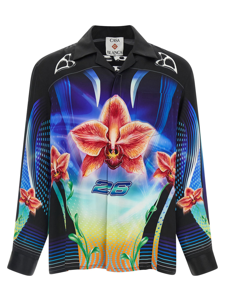 Casablanca Orchid Racer Silk Shirt For Men Allover Orchid Print Luxurious Resort Ready Statement