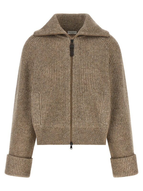 Brunello Cucinelli Luxury Cashmere Vicuna Cardigan For Women With Shiny Leather Zipper Pull