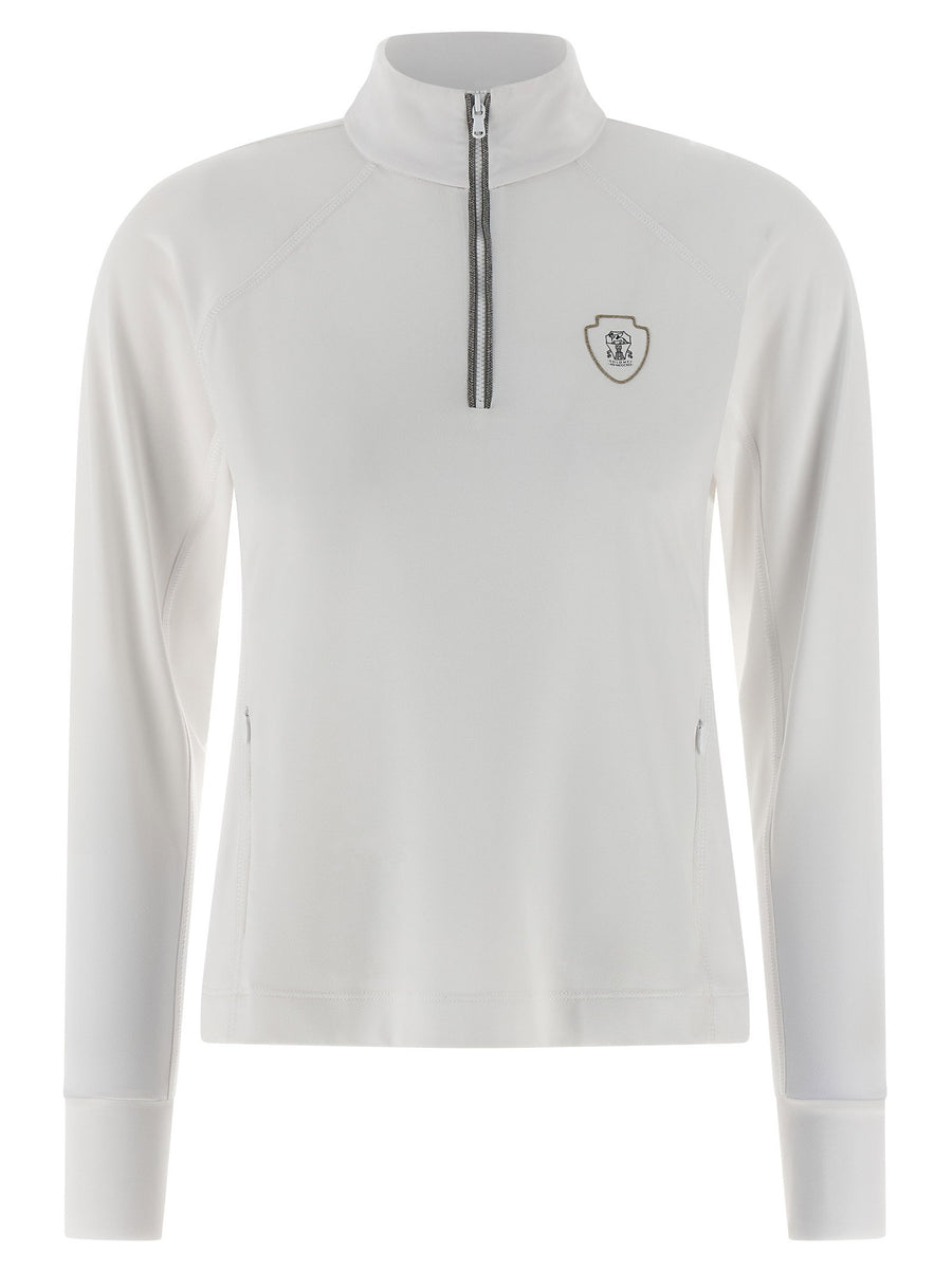Brunello Cucinelli White Half Zip Sweater With Embroidered Solomeo Coat Of Arms