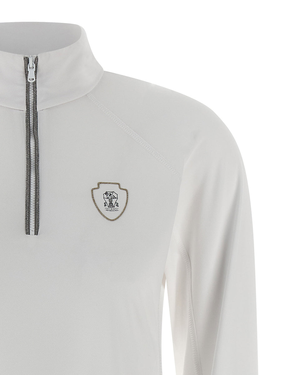 Brunello Cucinelli White Half Zip Sweater With Embroidered Solomeo Coat Of Arms